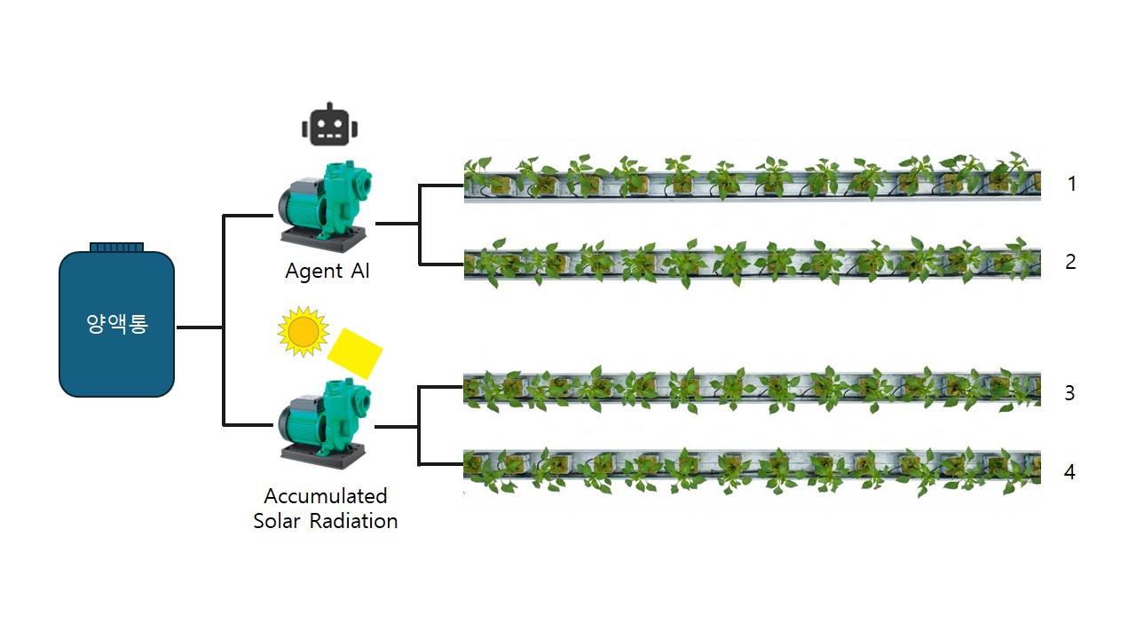 Autonomous irrigation diagram comparing Agent AI and Accumulated Solar Radiation strategies